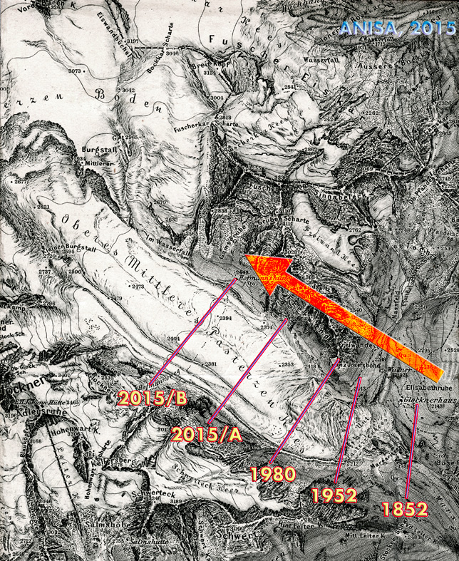 Die Pasterze in der Glocknergruppe (Grossglockner) als Klimaindikator. Vergleiche der Gletscherschmelze von 1850 bis 2015. Ein Beitrag der ANISA, Verein fr alpine Forschung.